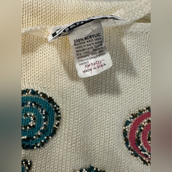 Vintage Kenneth Too Ivory Aztec Pullover Sweater Turquoise Embellished Sz S/M - Picture 10 of 12